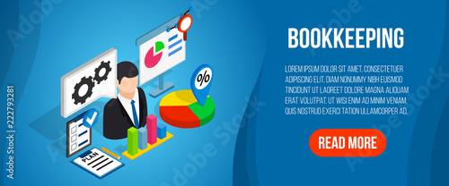 Bookkeeping concept banner. Isometric banner of bookkeeping vector concept for web, giftcard and postcard