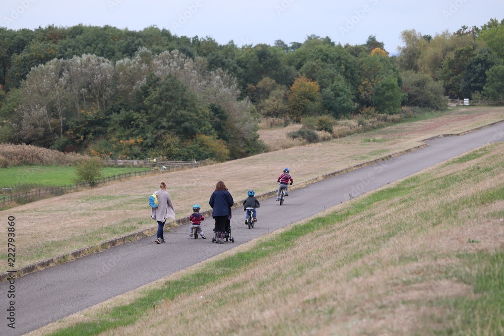 Fototapeta premium family walks, cycling and jogging along a pathway .children palying on bikes and scooters