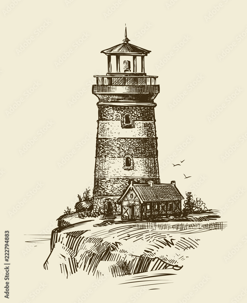 Lighthouse on seashore, sketch. Seascape vintage vector illustration