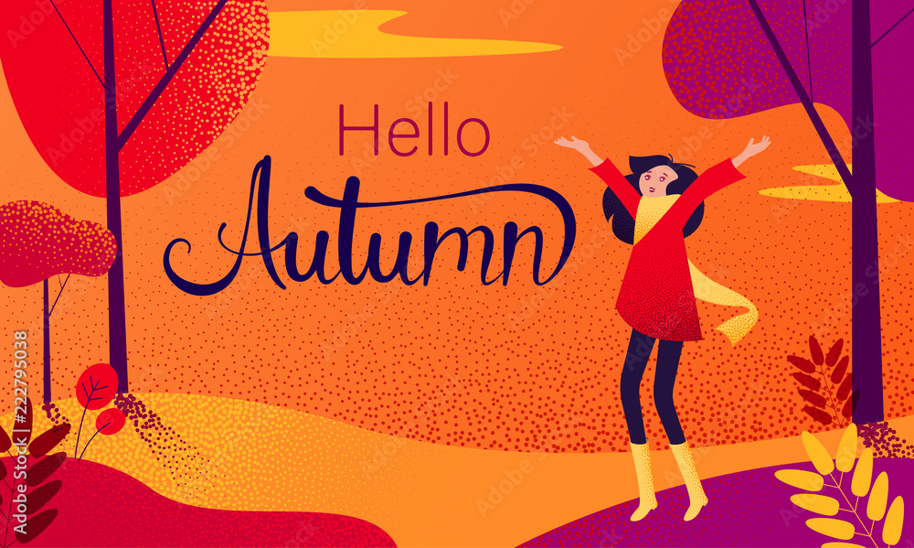 Hello autumn card. Happy girl walk alone in park. - obrazy, fototapety, plakaty 
