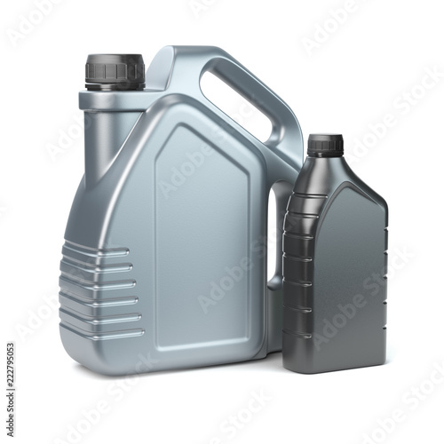Plastic canisters for motor oil on white isolated background.
