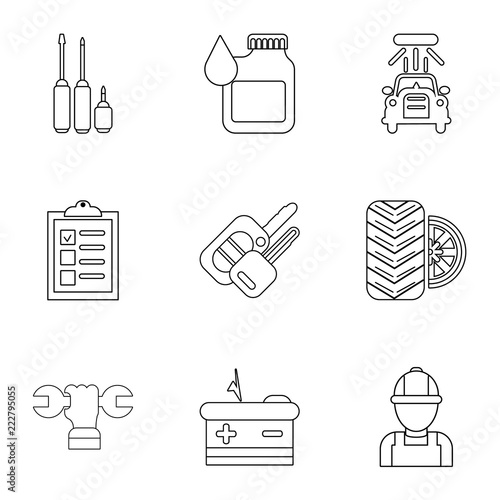 Autorepair shop icons set. Outline set of 9 autorepair shop vector icons for web isolated on white background
