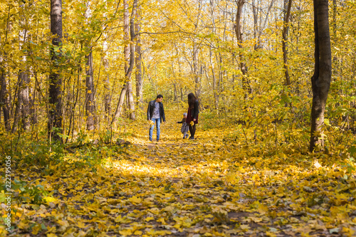 Family, autumn, people concept - young family walking in park on in autumn day © satura_