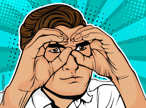 Businessman looking through binoculars made from hands. Colorful vector background in pop art retro comic style.