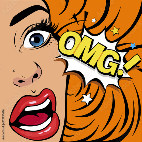 OMG the woman in shock. Emotions feelings of psychological stress. Beautiful girl upset that she had done. News and gossip. Vector Illustration in pop art retro comic style.