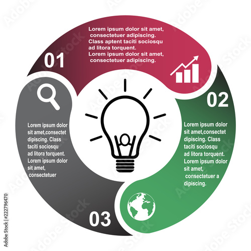 3 step vector element in three colors with labels, infographic diagram. Business concept of 3 steps or options with bulb