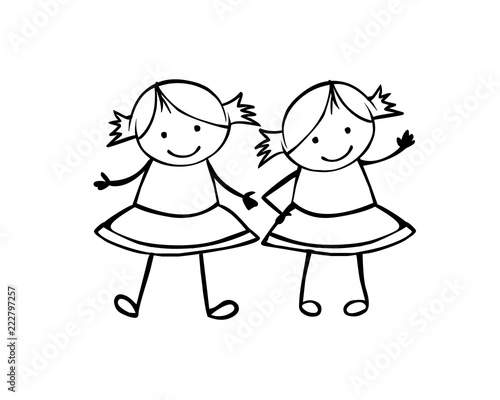 Twins girls. Sisters. Linear people in the children's style