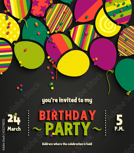 Birthday party invitation card with colorful flat balloons. Vector.