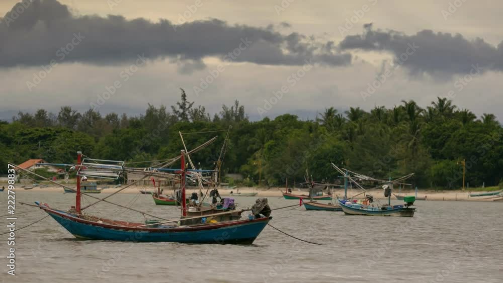 timelapse fishery boat floating in sea coast timelapse fishery boat floating in sea coast