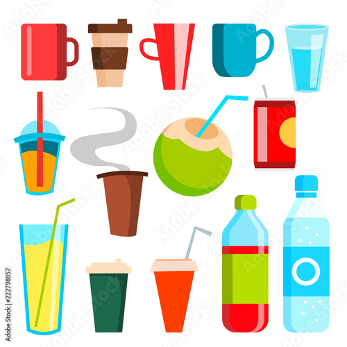 Drink Icons Vector. Soda, Fast Food, Coffee, Coctail. Mug, Bottled Beverage, Vitamin Juice, Sparkling. Soft And Energy . Isolated Cartoon Illustration