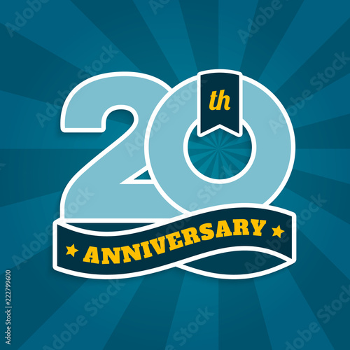 Twenty years anniversary with ribbon, 20th years celebration isolated on turquoise sun rays background. Vector.