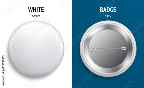 Blank white glossy badge or button. 3d render. Round plastic pin, emblem, volunteer label. Front and Back Side. Vector.