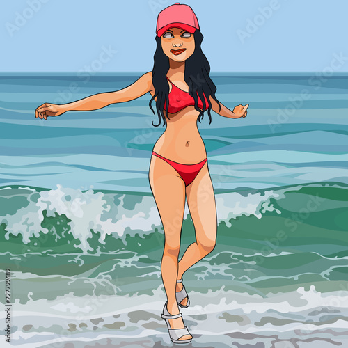 cartoon funny woman fooling around on the beach