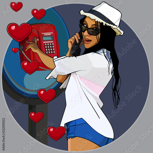cartoon loving cheerful woman calling from payphone