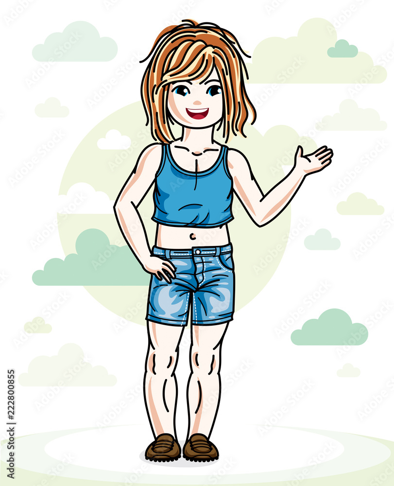 Happy little redhead girl posing on background with blue heavens clouds and wearing fashionable casual clothes. Vector character. Happy little redhead girl posing on background with blue heavens clouds and wearing fashionable casual clothes. Vector character.
