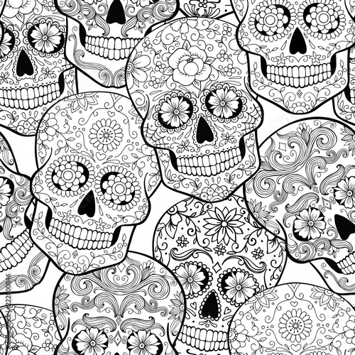halloween seamless pattern with sugar skulls, coloring page