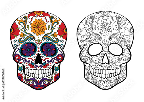 sugar skull, day of death vector illustration, page for coloring with a sample