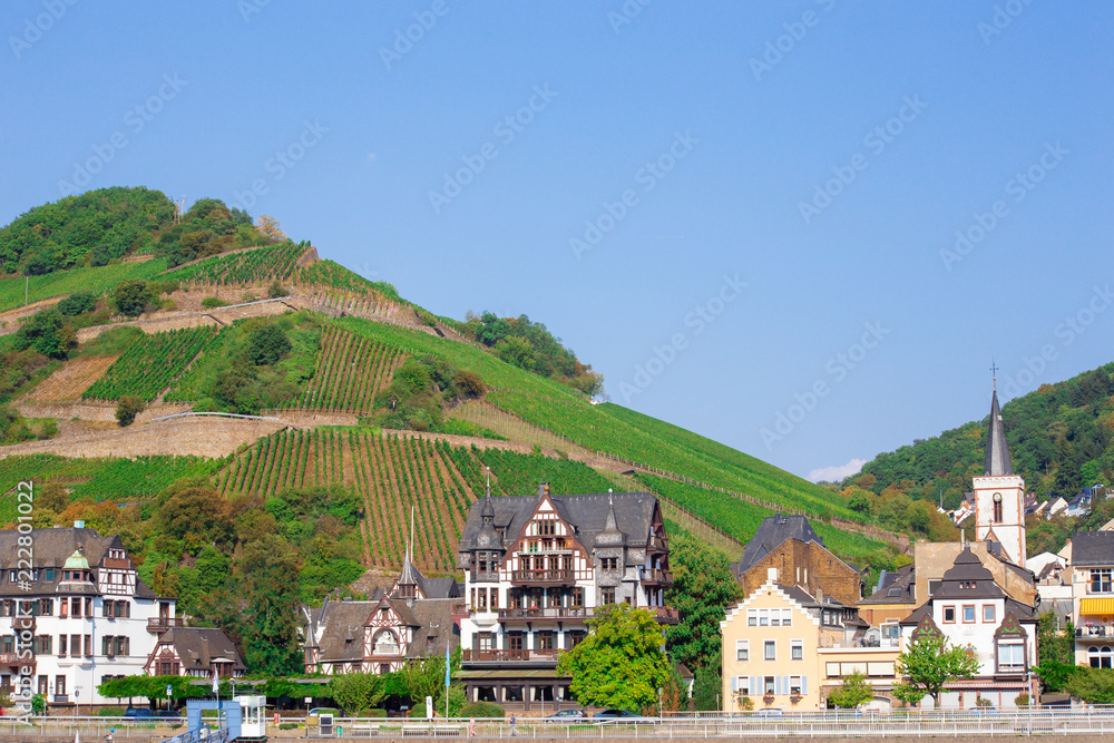 Charming village in Germany along the Rhine River with view of terraced vineyards,  hills and buildings
