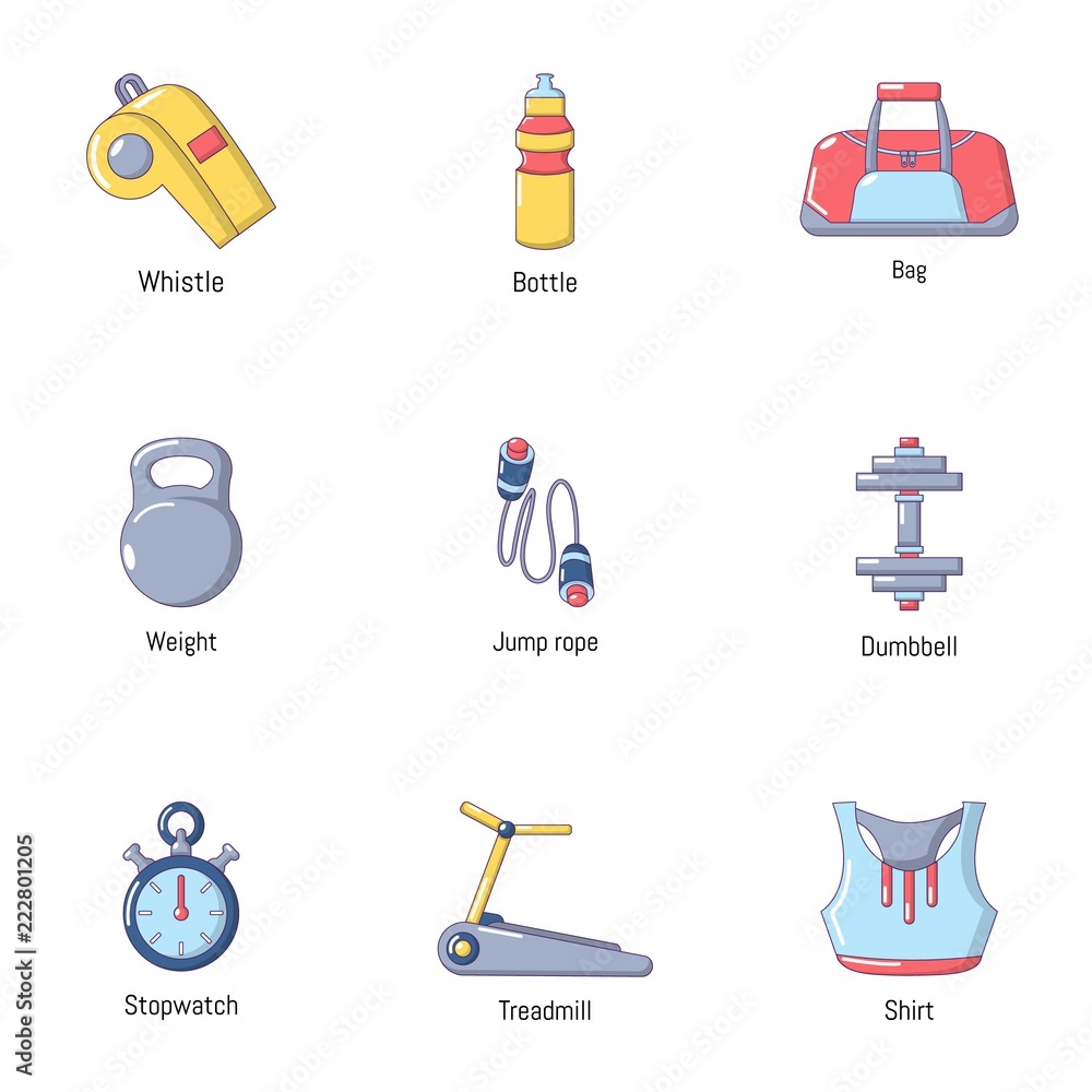 Exercise icons set. Cartoon set of 9 exercise vector icons for web isolated on white background Exercise icons set. Cartoon set of 9 exercise vector icons for web isolated on white background