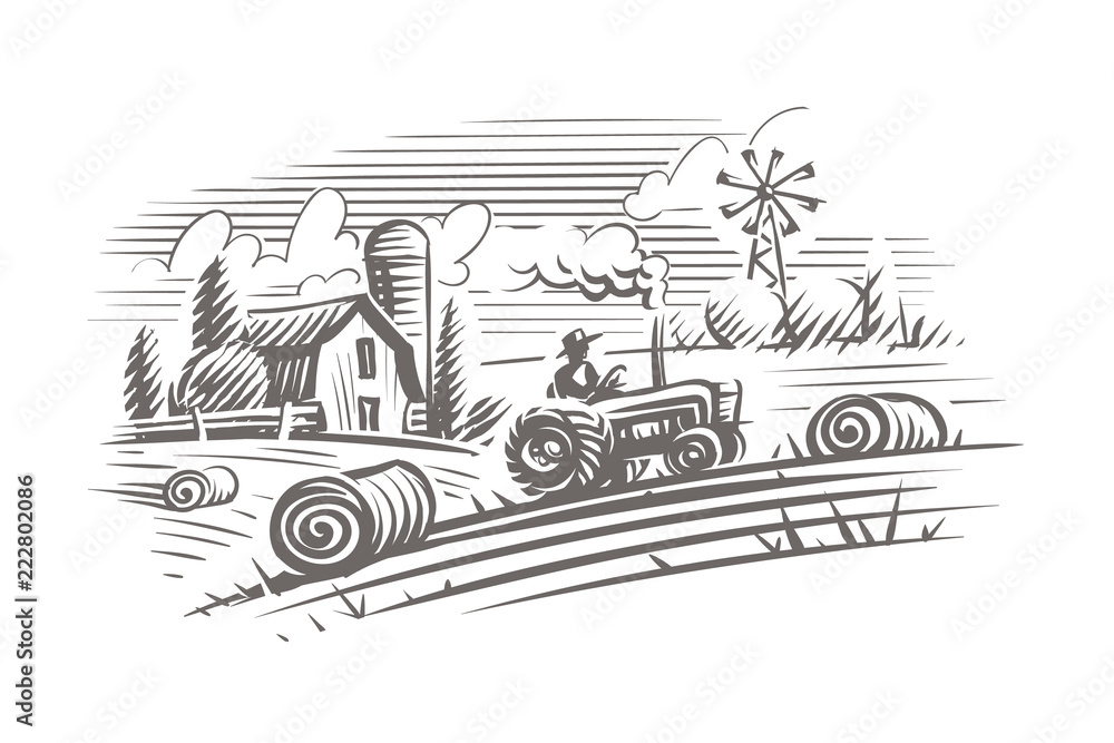 Farming landscape engraving style illustration. Vector, isolated, layered. 