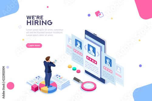 Social presentation for employment. Infographic for recruiting. Web recruit resources, choice, research or fill form for selection. Application for employee hiring. flat isometric vector illustration.