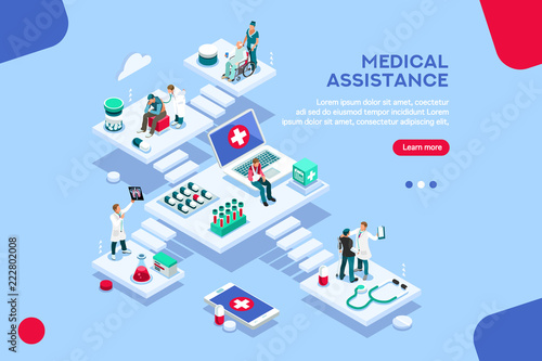 Persons at office, medical assistance. Patient room with healthcare insurer. Clinic insure a doctor. Insurance and assistance for physician. Concept with characters. Flat isometric vector illustration