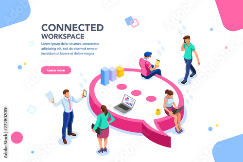 Isometric concept, wifi connected people, bar presentation. Occupation plan, workplace for team cooperation. Discussing together, diagram of brainstorming. Report, sales target, marketing illustration