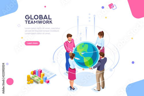 Search idea, new meeting profit, worker partner, staff strategy. Businesswoman presentation. Confident company investor corporate global colleague standing. World of flat isometric vector illustration