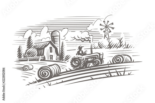 Farming landscape engraving style illustration. Vector, isolated, layered. 