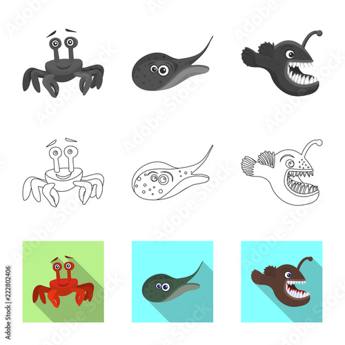 Vector illustration of sea and animal sign. Set of sea and marine stock symbol for web.