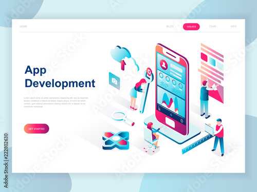 Modern flat design isometric concept of App Development for banner and website. Isometric landing page template. Developing programming a new project using mobile application. Vector illustration.