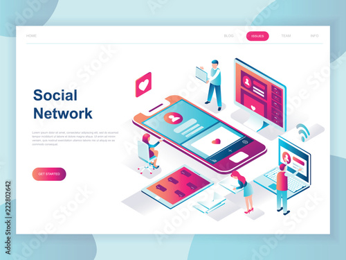 Modern flat design isometric concept of Social Network for banner and website. Isometric landing page template. Virtual communication and media sharing. Vector illustration.