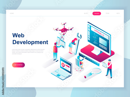 Modern flat design isometric concept of Web Development for banner and website. Isometric landing page template. Developer coding software and programming web site. Vector illustration.
