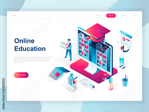 Modern flat design isometric concept of Online Education for banner and website. Isometric landing page template. Online training courses, specialization, university studies. Vector illustration.