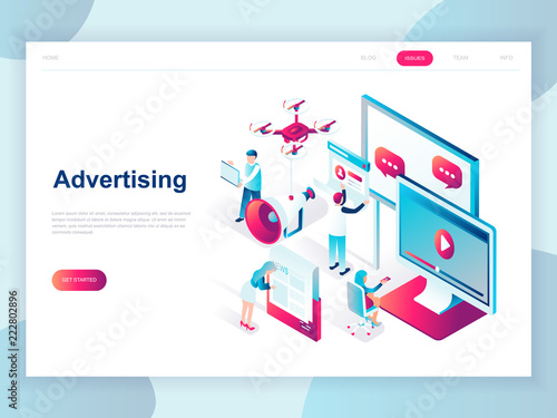 Modern flat design isometric concept of Advertising and Promotion for banner and website. Isometric landing page template. Social media campaign, marketing research. Vector illustration.