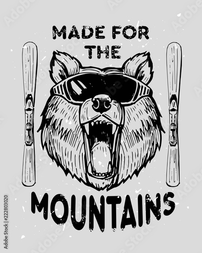 Bear skier in ski glasses. Hand drawn illustration converted to vector. Great for poster, labels, prints