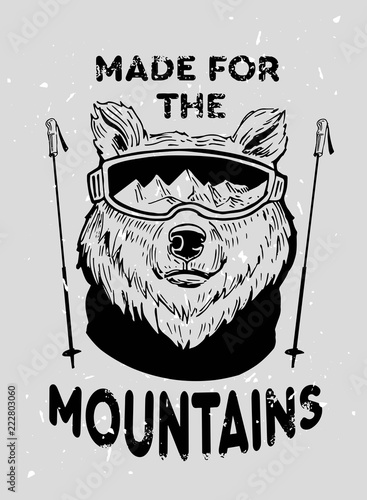 Bear skier in ski glasses. Hand drawn illustration converted to vector. Great for poster, labels, prints