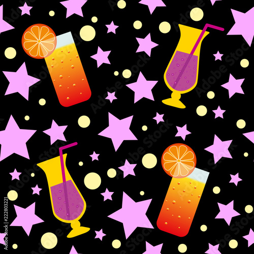 Cocktail glasses seamless pattern with stars and dots on black background