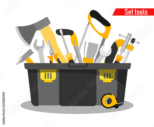 Special plastic box for tools with tools in the style of flat