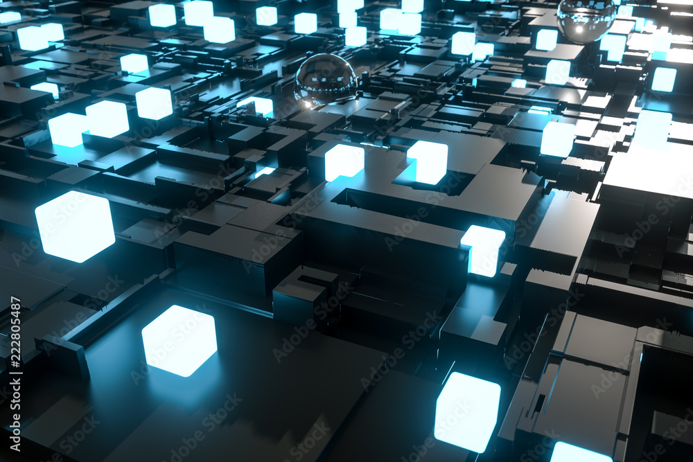 Fototapeta premium 3d rendering, Fireball, Glass balls and luminescent squares
