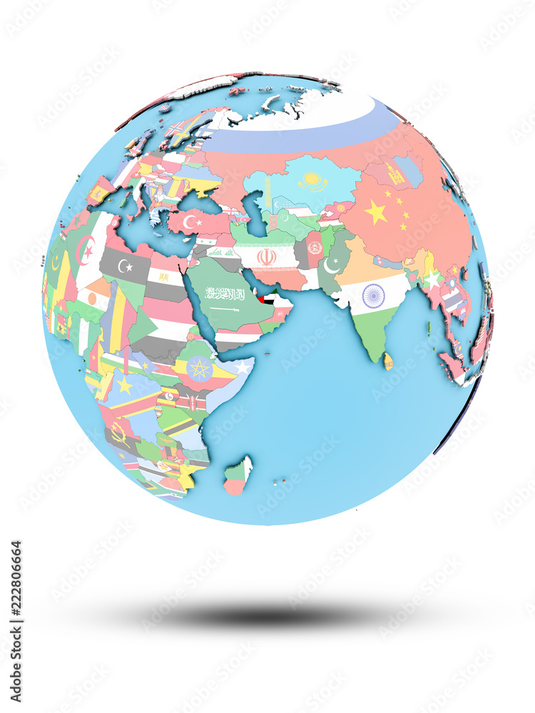 United Arab Emirates on political globe with flags United Arab Emirates on political globe with flags