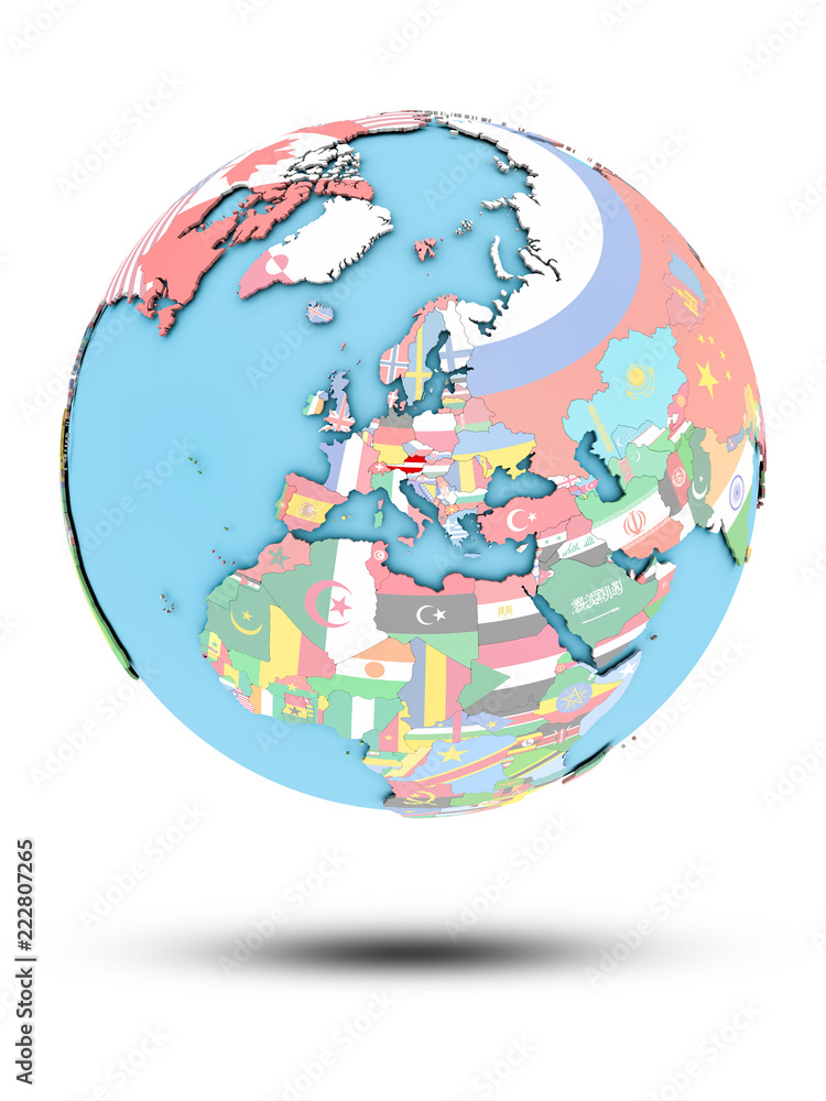 Obraz premium Austria on political globe with flags