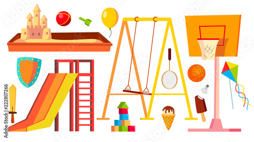Playground Equipment Set Vector. Children, Kids Playing Area. Kindergarten Sandbox, Swings, Slide. Isolated Cartoon Illustration © PikePicture