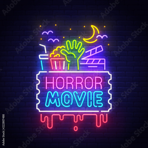 Horror Movie neon sign, bright signboard, light banner. Halloween greeting ca...