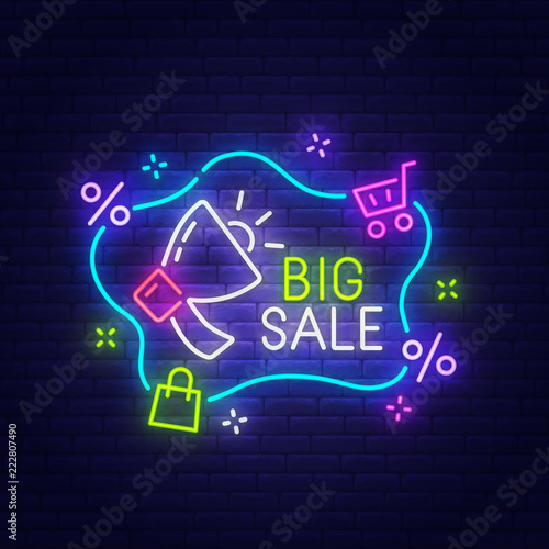 Big Sale neon sign, bright signboard, light banner. Sale tag logo, emblem. Vector illustration