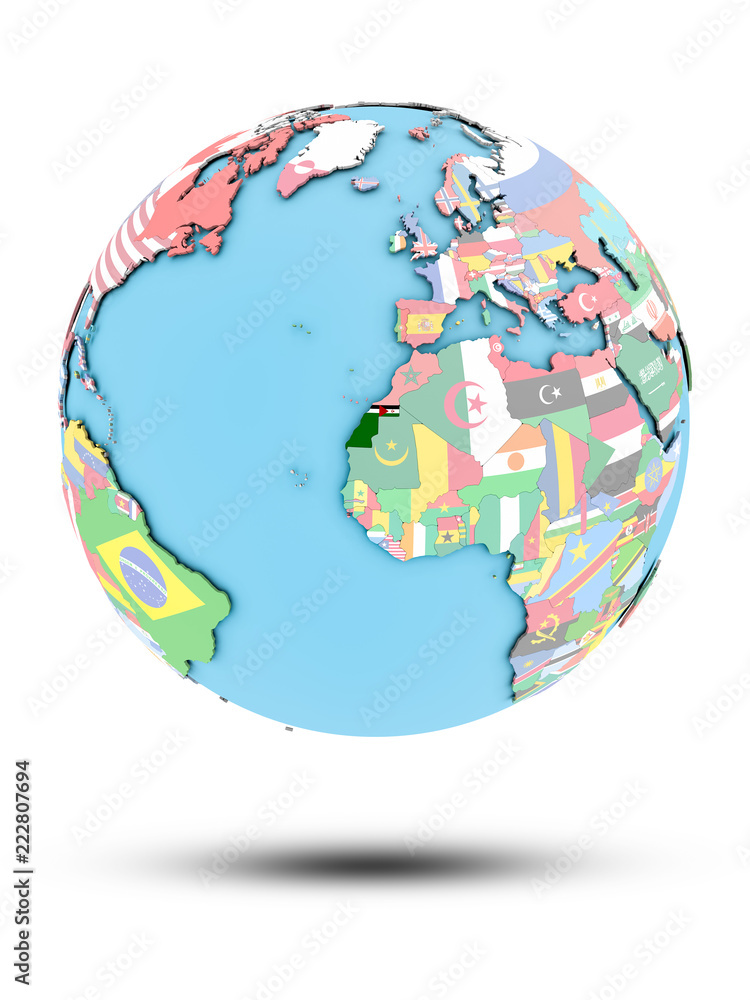 Fototapeta premium Western Sahara on political globe with flags