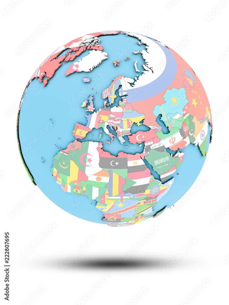 Bosnia and Herzegovina on political globe with flags Bosnia and Herzegovina on political globe with flags