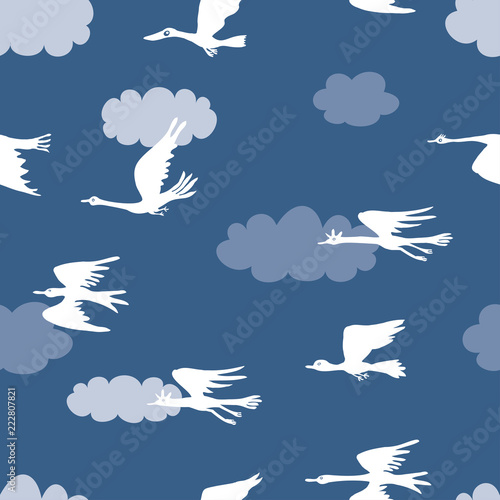 Vector background of flying geese in cloudy sky