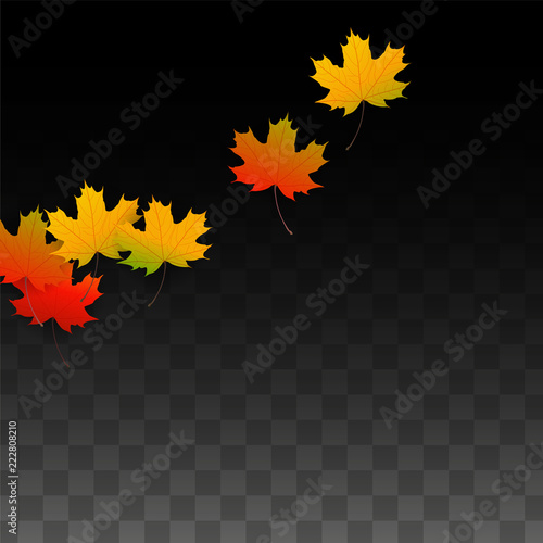 September Vector Background with Golden Falling Leaves. Autumn Illustration with Maple Red, Orange, Yellow Foliage. Isolated Leaf on Transparent Background. Bright Swirl. Suitable for Posters.