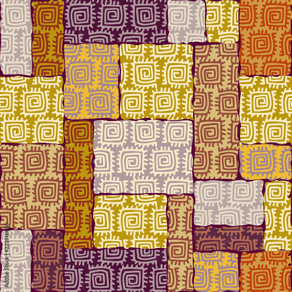 Abstract random grunge pattern in a patchwork style. Brown tribal background. Vector image. Seamless pattern.